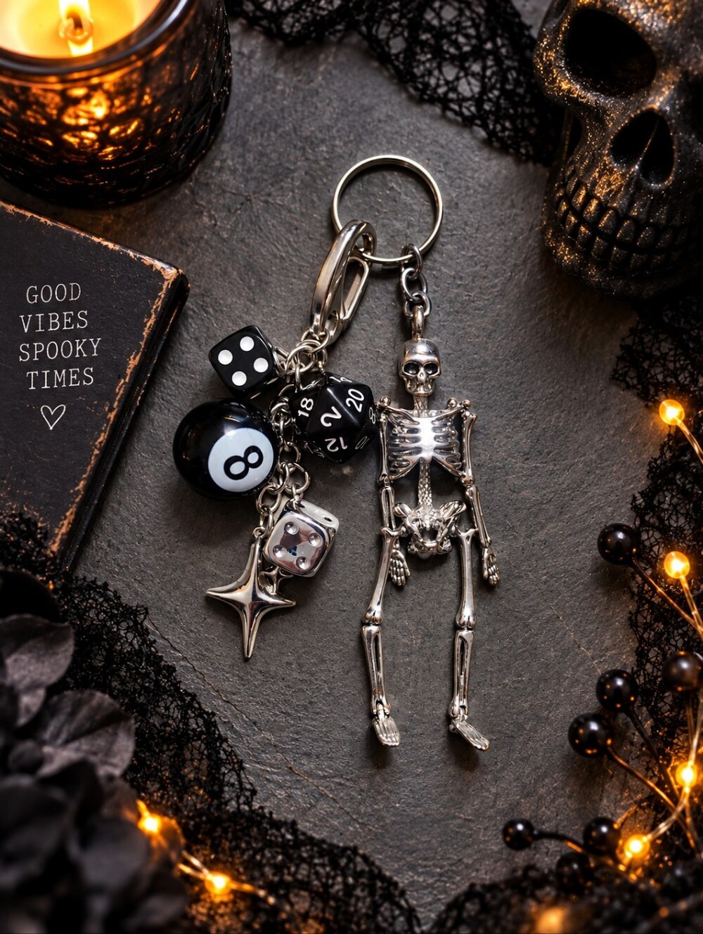 Silver Skeleton Charm Keychain with Black Dice and 8-Ball NEW